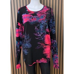 Clara Sun Woo Women's Neon Floral Abstract Print Long Sleeve Top Black Large